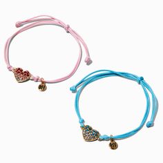 There is a lot to love about this best friends bracelet set. The two pack includes a blue and a pink adjustable bracelet each with an ombre pave heart pendant with "BFF" charm. Pack Size: 2Adjustable fitClosure: BoloMaterial: Plastic - Claire's Best Friends Ombré Pavé Heart Adjustable Bracelets - 2 Pack