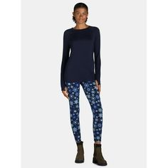 Youre so ready to take on the winter with this cozy and stylish 2-Piece Base Layer Set from ClimateRight by Cuddl Duds. This top and leggings set is crafted in a comfortable and flexible blend of polyester and spandex, providing the perfect amount of warmth and comfort. This womens set is offered in a wide variety of colors and patterns to add a pop of color for layering over or under your winter wardrobe. The long-sleeve design features thumbholes to hold its shape and help keep out the chill. Size: XL.  Color: Blue.  Gender: female.  Age Group: adult. Casual Bottoms For Winter Layering, Casual Winter Bottoms For Layering, Casual Winter Layering Bottoms, Navy Tops For Winter Loungewear, Casual Snug Fit Bottoms For Winter, Casual Snug Fit Winter Bottoms, Hem Leggings, Base Layer Women, Cuddl Duds