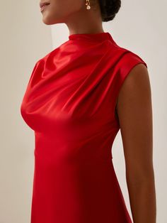 Half Turtleneck Silk Satin Simple Plain Dress | justfashionnow Sleeveless Stretch Satin Midi Dress, Sleeveless Stretch Satin Dress For Formal Occasions, Sleeveless Silk Stretch Midi Dress, Fitted Knee-length Satin Sleeveless Dress, Elegant Sleeveless Fitted Satin Dress, Sleeveless Ruched Satin Dress, Sleeveless Satin Evening Dress, Red Sleeveless Satin Dress For Night Out, Chic Red Sleeveless Satin Dress