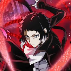 an anime character with long black hair and red eyes