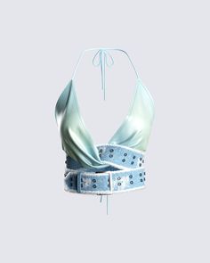 A must-have for our babes who like to make a statement 💙 Step out in style with this blue s belted halter top. Featuring a printed satin fabric, raw frayed edges, and a wrap-around belt for a bold, but playful look 👏🏼 White Corset Dress, Denim Pleated Skirt, Future Of Fashion, Chain Dress, Red Mini Skirt, Welcome To The Future, Flare Jumpsuit, Cropped Long Sleeve, No Waste