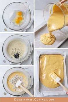 the process for making an orange cake is shown in four different pictures, including batter and eggs