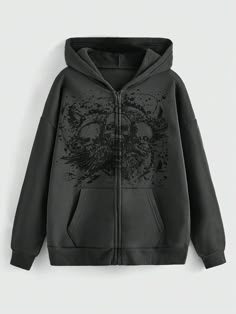 Women's Plus Size Casual Hooded Zipper Sweatshirt With Skull, Rose, Wing, Vine Print, School Grey Casual  Long Sleeve Knitted Fabric Plain Zip Up Non-Stretch Spring/Fall Women Plus Clothing, size features are:Bust: ,Length: ,Sleeve Length: Boys Plaid Shirt, Punk Woman, Punk Skull, Hooded Sweatshirt Dress, Leg Of Mutton Sleeve, Grunge Punk, Sweatshirt Zipper, Skull Print, Inspiration Mode