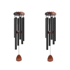 two metal and wood wind chimes hanging from strings