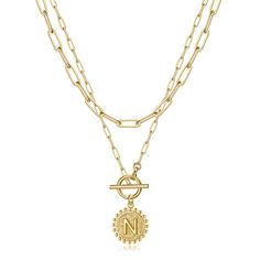 PRICES MAY VARY. SIZE: 14"+ 2" Choker Necklace, 20" Chain Necklace with Toggle Clasp 18mm coin initial pendant and engraved heart at the reverse side. MATERIAL: 14K Gold Plated Toggle Initial Necklace, shiny protective High-finish. Hypoallergenic, Nickel-free and Lead-free, last a long time, never turn your skin green like the cheap jewelry. Safe to wear on your daily life. TOGGLE DESIGN: Paperclip Chain Link Necklaces, different from the original paperclip chain link, OT front toggle clasp and Teen Girl Jewelry, Gold Jewelry Gift, Initial Necklaces, Initial Necklace Gold, Stacked Jewelry, Gold Necklace Women, Cheap Jewelry, Initial Pendant, Necklace Personalized