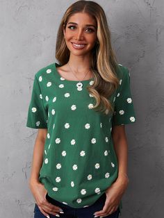 Green O-neck Polka Dot Print Casual Short Sleeve T-shirt Cotton T-shirt With Polka Dot Pattern And Short Sleeves, Polka Dot Cotton T-shirt With Short Sleeves, Summer Polka Dot Crew Neck Top, Cotton Polka Dot Blouse With Relaxed Fit, Polka Dot Cotton Blouse With Relaxed Fit, Relaxed Fit Cotton Blouse With Polka Dot, Green Crew Neck Short Sleeve Top For Summer, Summer Green Short Sleeve Crew Neck Top, Relaxed Fit Cotton Blouse In Polka Dot