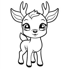 a cute little deer with big eyes and horns on it's head, outlined in black and white