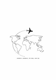 an airplane is flying over the world on a white background with words written below it