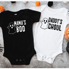 Mama's Boo or Daddy's Ghoul Halloween Baby Bodysuit Salt and Sparkle My First Halloween Onesie, Black Letter Print Onesie For Playtime, Funny Fitted Black Onesie, Fitted Black Onesie For Playtime, Black Fitted Onesie For Playtime, Fun Black Cotton Onesie, Customizable Black Cotton Onesie, Cute Black Onesie With Letter Print, Playful Fitted Black Onesie