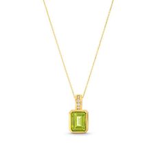 This Emerald Cut Peridot Pendant Necklace is a stunning shade of green, featuring an emerald cut peridot weighing approximately 2.75 carats. Diamonds Direct, Peridot Pendant, Fine Jewelry Designers, Pendant Rings, Mens Jewelry Bracelet, Diamond Pendant Necklace, Engagement Ring Wedding Band, Diamond Bracelets, Pendant Bracelet