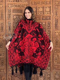 Beautiful Mexican Traditional Poncho. Made out Acrylic, non-itchy material. Stay warm, comfortable and stylish for the winter months. One size fits all: from extra small to 2x One Size Folk Style Poncho Shawl, Red Folk Style Poncho For Fall, Fall Folk Poncho In Cape Style, Fall Folk Poncho Cape, Fall Folk Style Poncho Cape, Folk Style Poncho For Fall, Folk Style Red Poncho For Winter, Folk Style One-size Poncho For Winter, Pink Shawl Poncho For Winter