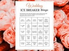 the wedding ice breaker bingo game is surrounded by pink roses