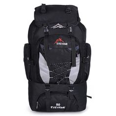 a black and grey backpack with mountains on the front, two zippers at the bottom