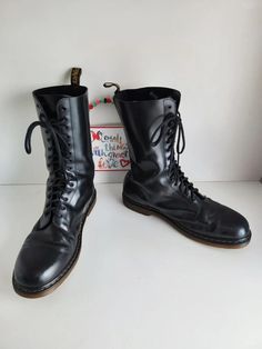 Good condition Vintage Black Combat Boots For Winter, Vintage Black Mid-calf Boots With Round Toe, Black Vintage Mid-calf Boots With Round Toe, Vintage Black Mid-calf Boots For Winter, Dr Martens Black, Eye Hole, Mens Shoes Boots, Mid Calf Boots, Mid Calf