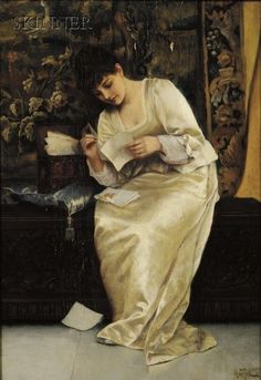 a painting of a woman sitting on a couch with a book in her hand and papers around her