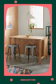 two stools sit at the center of a table with a lamp above it and an area rug on the floor