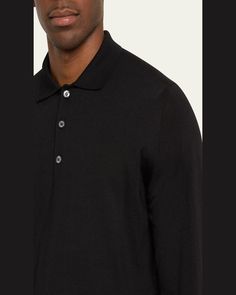 Brioni solid polo sweater in cashmere and silk    Spread collar    Threebutton placket    Long sleeves    Ribbed cuffs and hem    Pullover style    Cashmere/silk    Dry clean    Made in Italy Brioni Men, Mens Cashmere, Polo Sweater, Long Sleeve Polo Shirt, Long Sleeve Polo, Bergdorf Goodman, Pullover Styling, Tops Designs, Polo Shirt