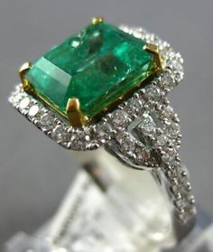 (eBay) LARGE 4.65CT DIAMOND & AAA COLOMBIAN EMERALD 18KT 2 TONE GOLD 3D ENGAGEMENT RING Antique Jewelry Rings, Halo Design, Colombian Emeralds, Antique Jewelry, Round Diamonds, Beautiful Jewelry, Vintage Antiques, Halo, Engagement Ring