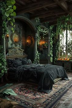 Dark Fairycore Bedroom, Dark Cozy Bedroom Ideas Romantic, Black Themed Bedroom, Green And Black Bedroom, Dark Bedroom Decor, Dark Cozy Bedroom, Dream Bedroom Inspiration, Sophisticated Bedroom