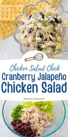 chicken salad with cranberry jalapeno chicken salad in a glass bowl