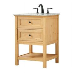 a bathroom vanity with two drawers and a faucet on the top, in light wood