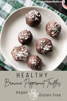 healthy brownie peppermin truffles on a white plate with text overlay