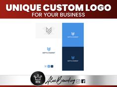 the unique custom logo for your business is shown in red and white with blue accents