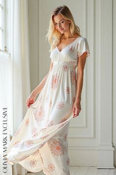 Olivia Mark - Elegant Sunflower Maxi Dress - A Blooming Fashion Statement Casual V-neck Maxi Dress With Floral Embroidery, Yellow Floral Print Floor-length Maxi Dress, Summer Maternity Maxi Dress, Floor-length, Floral Embroidered Maxi Dress For Beach Cover-up, Maternity V-neck Maxi Dress With Floral Print, Flowing Skirt, Floral Maxi, Pink Floral, Elegant Dresses