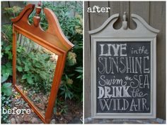 the before and after pictures show how to make a chalkboard mirror look like it has been painted