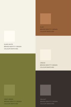 four different shades of brown, green and white with the words color swatches on them