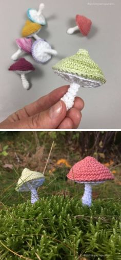 crocheted mushrooms are shown in different colors