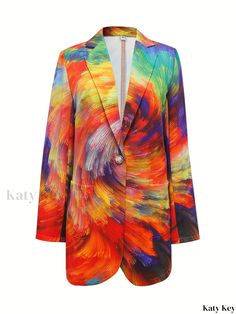 Katykey - Womens Allover Print Lapel Blazer: A Sophisticated One-Button Long Sleeve Outerwear for Casual and Formal Attire Elegant Multicolor Blazer For Fall, Elegant Multicolor Fall Blazer, Chic Multicolor Blazer For Party, Chic Multicolor Party Blazer, Elegant Multicolor Spring Blazer, Elegant Multicolor Winter Blazer, Blazer Casual, Lapel Blazer, Button Long Sleeve