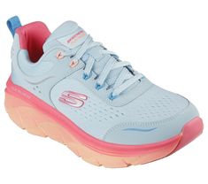 Enjoy longer walks with well-cushioned comfort wearing Skechers Relaxed Fit D'Lux Walker 2.0 - Neon Sites. This sporty lace-up features an engineered mesh upper with leather overlays and a cushioned Skechers Air-Cooled Memory Foam insole. | Skechers Women's Relaxed Fit: D'Lux Walker 2.0 - Neon Sites Sneaker | Medium Width | Skechers Air-Cooled Memory Foam cushioned comfort insole | Relaxed Fit for a roomy comfort fit at toe and forefoot | Lace-up engineered mesh upper with leather quarter overla Girls Gift Guide, Hiking Training, Skechers Relaxed Fit, Lace Up Wedges, Size Chart For Kids, Wide Shoes, Skechers Women, Comfort Wear, Printables Kids