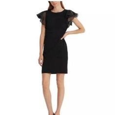 Ralph Lauren Womens Black Stretch Zippered Crepe Flutter Sleeves Round Neck Above The Knee Party Sheath Cut From Luxurious Crepe, Lauren Ralph Lauren's Figure-Flattering Dress Is Detailed With Voluminous Sheer Flutter Sleeves For Statement-Making Style. Approx. Model Height Is 5'10" And She Is Currently Wearing A Size 2 Approx. 36-¼" Long From Center Back To Hem. Length Is Based On Size 8 And Varies Approx. 1/4" Between Sizes. Slim Fit Rounded Neckline Concealed Center Back Zipper With A Hook-An Elegant Mini Dress With Flutter Sleeves And Ruffles, Formal Mini Dress With Ruffle Sleeves, Fitted Mini Dress With Flutter Sleeves For Night Out, Elegant Flutter Sleeve Mini Dress For Night Out, Black Ruffle Sleeve Party Dress, Fitted Workwear Dress With Butterfly Sleeves, Elegant Mini Dress With Ruffle Sleeves For Formal Events, Elegant Ruffle Sleeve Mini Dress For Formal Events, Elegant Formal Mini Dress With Ruffle Sleeves