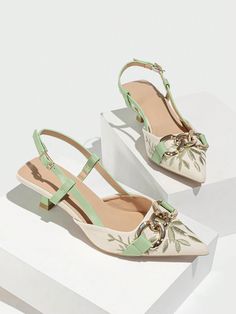 Green Fashionable Collar   Plants Slingbacks Embellished   Women Shoes White Embroidered Heels For Spring, White Embroidered Summer Heels, Spring White Embroidered Heels, Elegant Summer Heels With Embroidery, Elegant Embroidered Summer Heels, Summer Floral Embroidered Heels, Low Heel Embroidered Heels For Spring, Embroidered Low Heel Spring Heels, Spring Party Heels With Embroidery