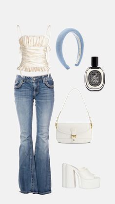 a woman's outfit with high heels, purse and handbag