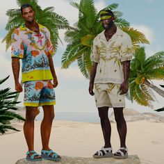 two men standing next to each other on top of a sandy beach with palm trees