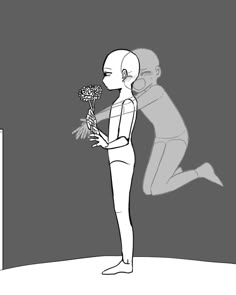 a drawing of a woman holding flowers in her hand and jumping up into the air