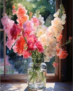 a vase filled with pink and white flowers next to a window