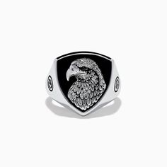 Men's Sterling Silver Onyx Eagle Ring Black Symbolic Signet Ring With Polished Finish, Symbolic Black Sterling Silver Engraved Ring, Symbolic Black Engraved Sterling Silver Ring, Classic Black Engraved Ring With Black Enamel, Black Symbolic Signet Ring, Symbolic Black Round Signet Ring, Modern Black Engraved Rings, Stone Rings For Men, Eagle Ring