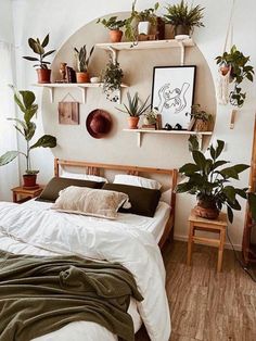 a bed room with a neatly made bed and lots of plants on the shelves above it