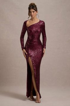 Remarkable Burgundy Sequin Long-Sleeved Twisted Maxi Dress – Club L London - USA Black Tie Party, Club L London, Black Dress Prom, Black Tie Gala, Leg Split, Long Sleeve Dress Formal, Strappy Stilettos, Party Dress Long Sleeve, Christmas Party Dress