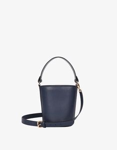 hyer goods recycled leather mini bucket bag navy#color_navy-blue Versatile Bucket-shaped Bags For On-the-go, Trendy Formal Bucket Bag With Double Handle, Trendy Formal Bucket Bag With Detachable Strap, Trendy Formal Bucket Bag, Chic Formal Bucket Bag, Modern Bucket Shoulder Bag With Removable Pouch, Trendy Bucket Bag With Removable Pouch, Modern Bucket Shape Shoulder Bag With Removable Pouch, Modern Bucket-shape Shoulder Bag With Removable Pouch