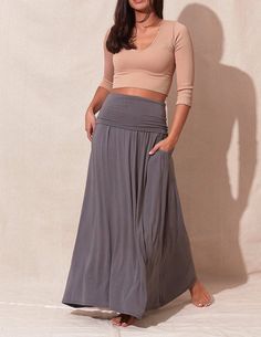 Bamboo Maxi Skirt features the same comfy fold-over waistband as our best-selling Harem Jogger Pants, with side pockets and a long, flowing skirt. Eco-friendly, sustainable, and super soft on sensitive skin. Pair with a crop top or tank for a trendy style.   *Models are 5'5" and  5'8" tall, wearing size Small Bamboo Skirt, Filipino Style, Comfortable Skirts, Mid Calf Dresses, Bamboo Clothing, Flowing Skirt, Fashion Inspiration Design, Maxi Skirts, Trendy Style