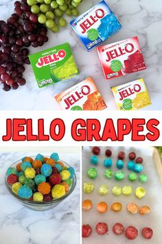 If you're looking for a fun summer treat, I have the perfect recipe for you! using just grapes and jello mix you can make a frozen treat that kids and adults will love. these frozen candied grapes are sure to be a hit at your next pool party! Jello And Grapes, Candied Frozen Grapes, Cheap Summer Snacks For Kids, Frozen Candy Grapes With Jello, Grape Treats, Frozen Grapes Jello, Cheap Snacks For Kids, Grape Kabobs, Candy Grapes Recipes