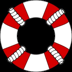 a red and white life preserver with two hands on the side, pointing at it