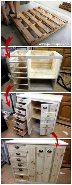 the steps to make a diy pallet dresser with drawers and shelves in it