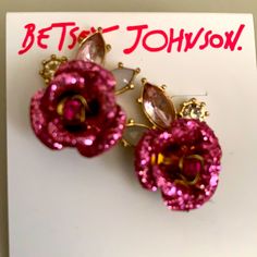 Bnwt - Beautiful Attractive Pair Of Betsey Johnson Pink Rose Earrings With Center Pink Gemstones And Gem Stems In A Gold Setting. #Bjj Pink Rose Design Flower Earrings For Party, Flower Shaped Rose Design Party Earrings, Rose-colored Earrings For Party, Rose Earrings For Valentine's Day Party, Rose Red Rose Design Earrings For Party, Rose Design Rose Red Earrings For Party, Rose Design Flower Earrings For Party, Pink Rose Earrings, Betsey Johnson Jewelry