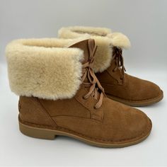 Step Out In Style And Comfort With These Ugg Weylyn Women's Boots In Chestnut. These Ankle Boots Feature Fluffy Shearling Cuff Details And A Lace-Up Closure For A Secure And Customized Fit. The Suede Upper Material Is Complemented By A Wool Lining And Uggplush Insole Material, Providing Cushioned Comfort For All-Day Wear. With A 1.25" Heel Height, These Boots Are Perfect For Both Casual And Workwear Occasions. The Treadlite Outsole Material Ensures Durability And Traction, While The Ugg Weylyn B Casual Winter Boots With Suede Lining, Shearling Boots With Round Toe For Fall, Fall Shearling Boots With Round Toe, Brown Winter Boots With Suede Lining, Casual Boots With Faux Fur Lining And Round Toe, Beige Shearling Boots For Fall, Winter Brown Boots With Suede Lining, Casual Winter Suede Lace-up Boots, Casual Suede Lace-up Winter Boots