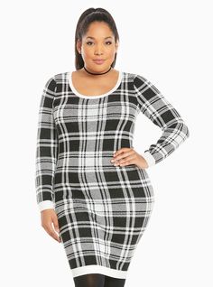 Plaid Shift Sweater Dress | Torrid Plaid Sweater Dress, Plus Size Sweater Dress, Sweater Dress Black, Plus Size Sweater, Oversize Sweater, Plaid Sweater, Black And White Plaid, Short Dresses Casual, Plus Size Sweaters